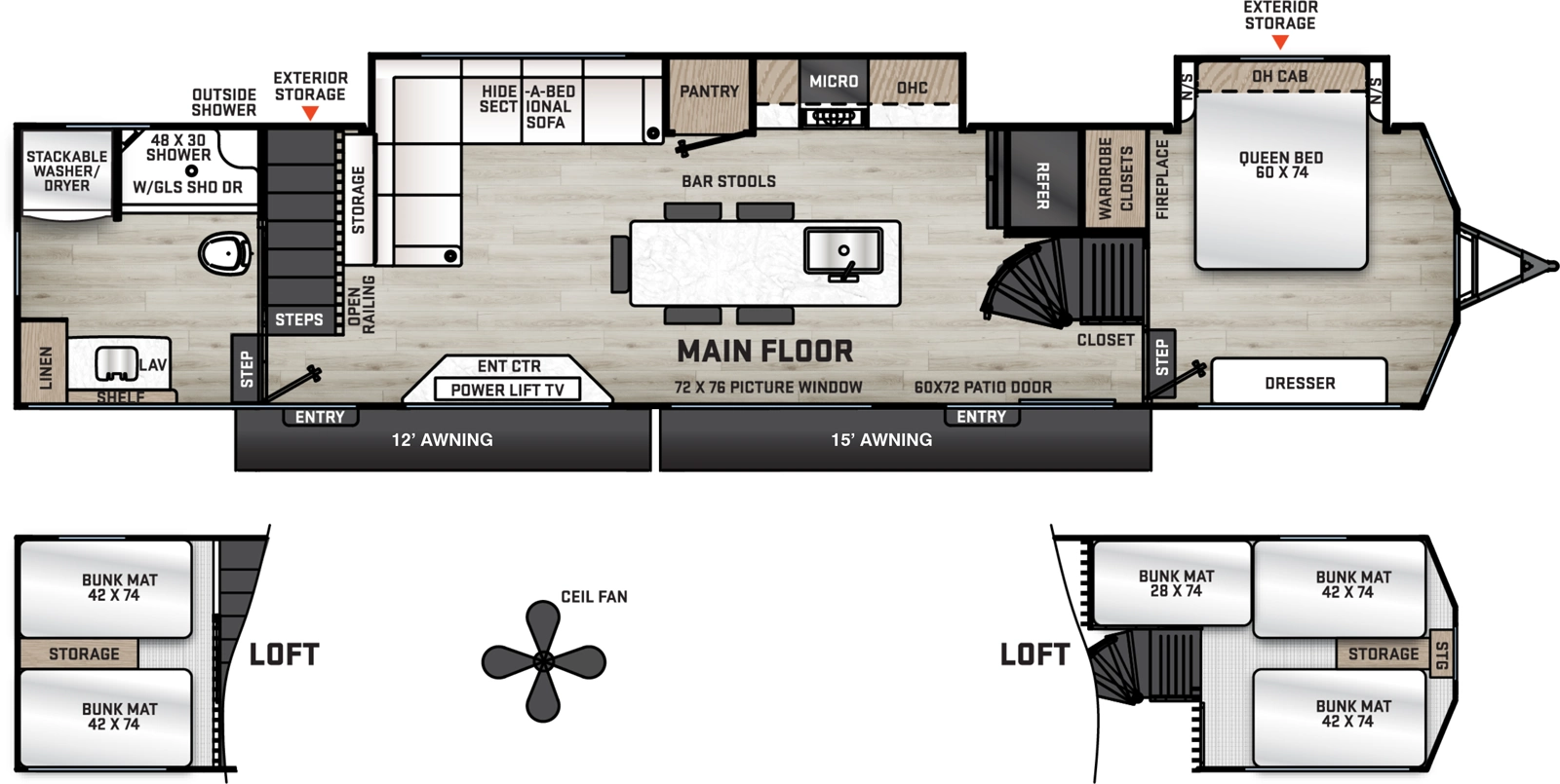 The Catalina Destination Series 42CONDO floorplan has two entries and two slide outs. Exterior features include: metal exterior and 12' & 15' awning. Interiors features include: loft, kitchen island, front bedroom and rear bathroom.